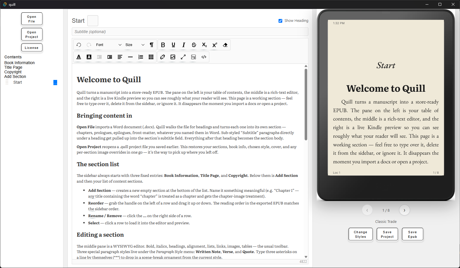 Quill software showing the manuscript editor, book contents, and live ebook preview
